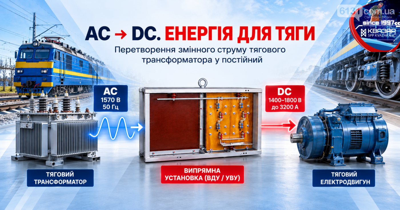 Перетворення змінного струму тягового трансформатора в постійний дл... Перетворення змінного струму тягового трансформатора в постійний для живлення тягових електродвигунів., СВП КВАЗАР